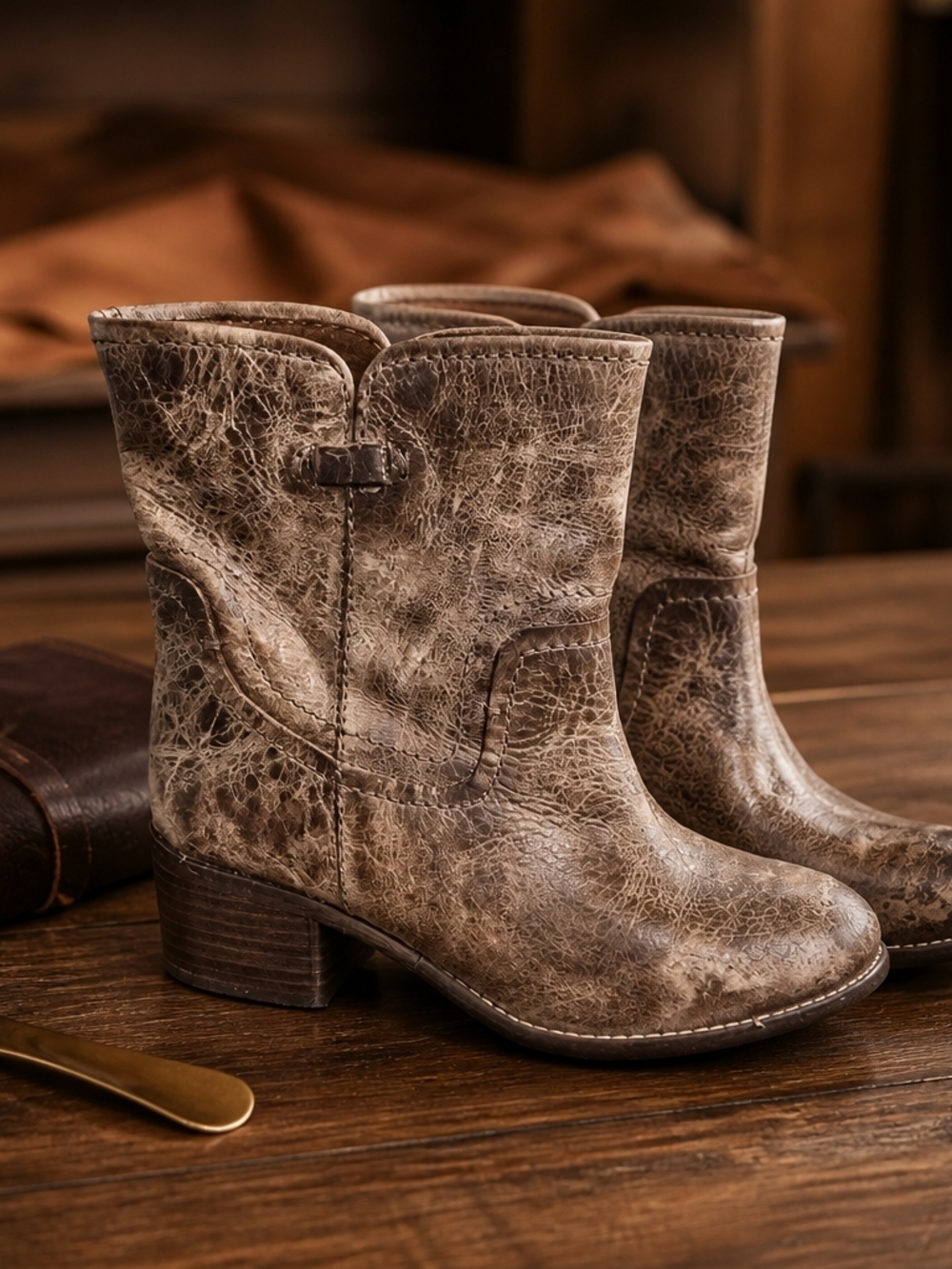 Distressed Taupe Leather Ankle Booties